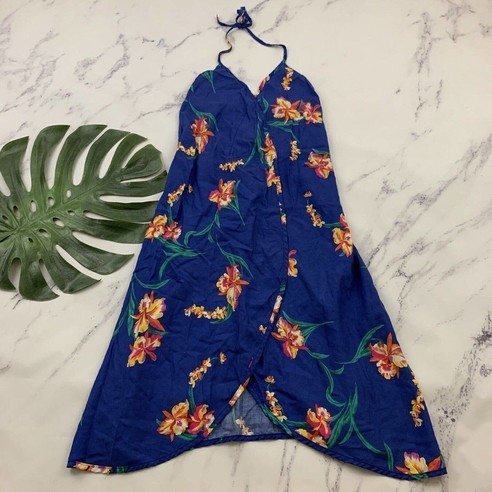 Island Cargo Womens Vintage Hawaiian Midi Dress Size S Blue Orange Orchid Floral